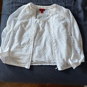 White dress-up duo. Tank and see-through over-jacket. Rhinestones on the cuffs.